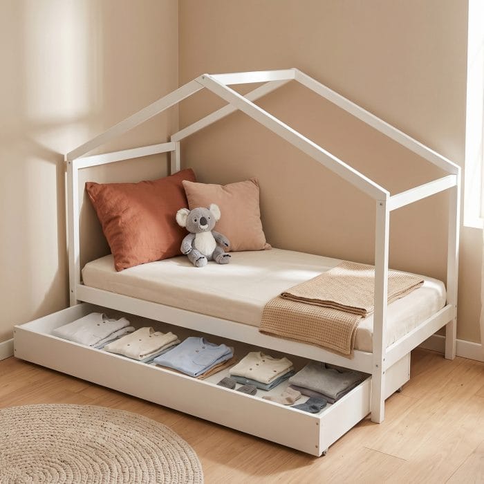 lit cabane 90x190 avec tiroir blanc