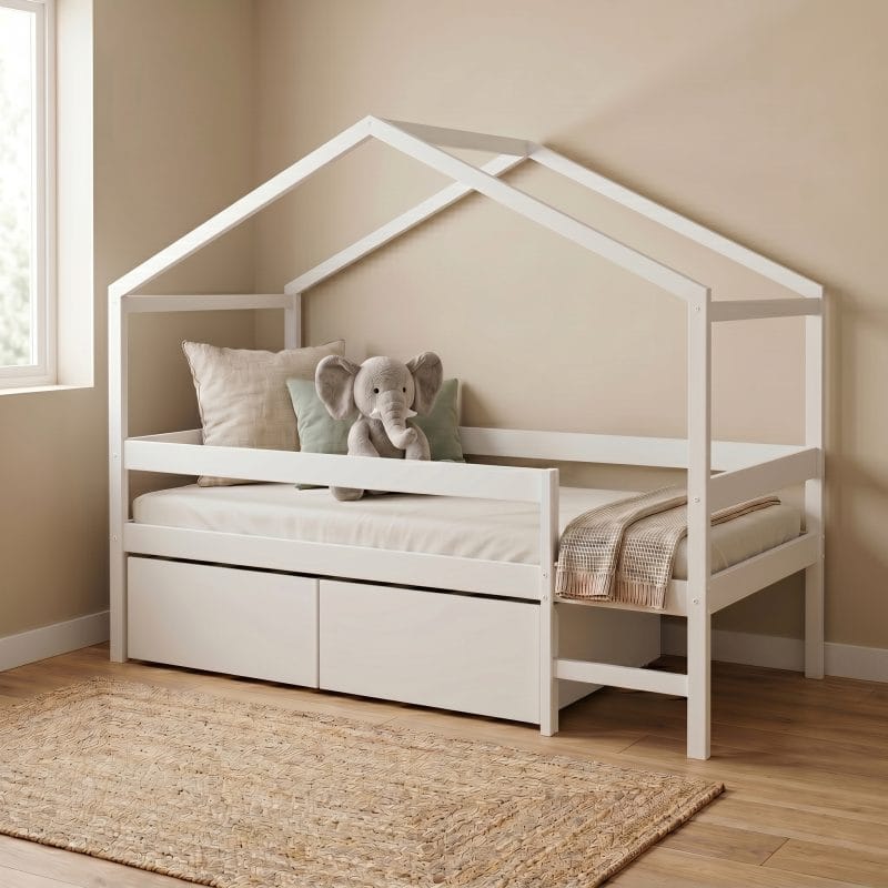 lit cabane 90×190 avec rangement blanc